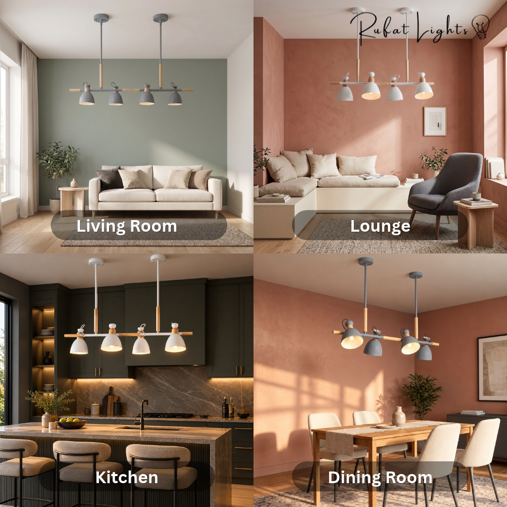 Vintage Wood Chandelier Lights shown in living room, lounge, kitchen and dining room