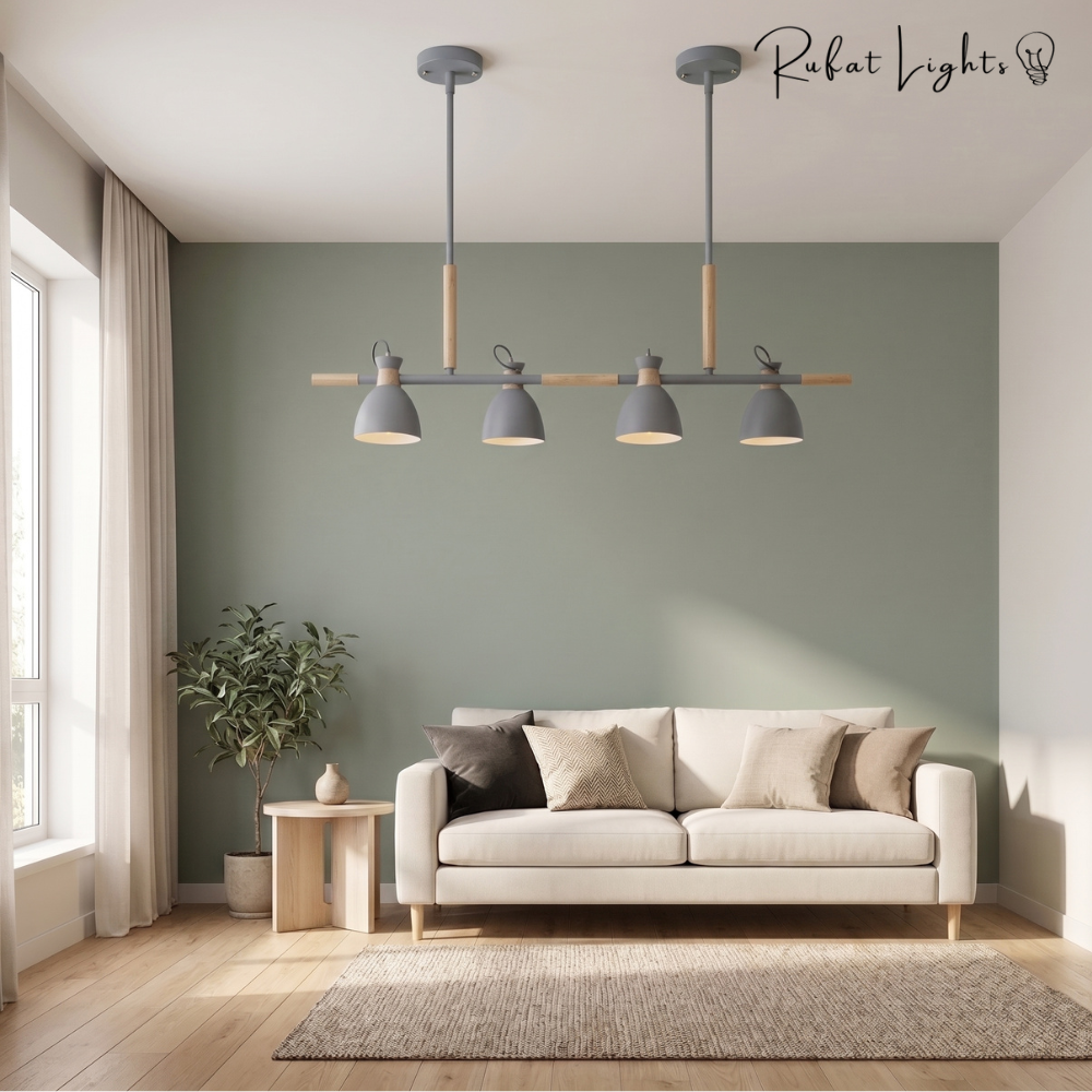 Vintage Wood Chandelier Lights grey version in a living room
