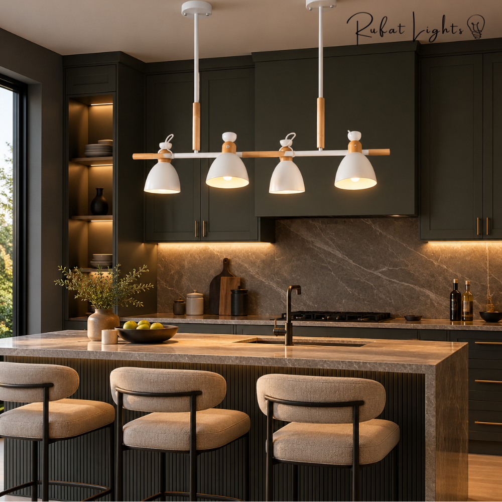 Vintage Wood Chandelier Lights white version over a kitchen island