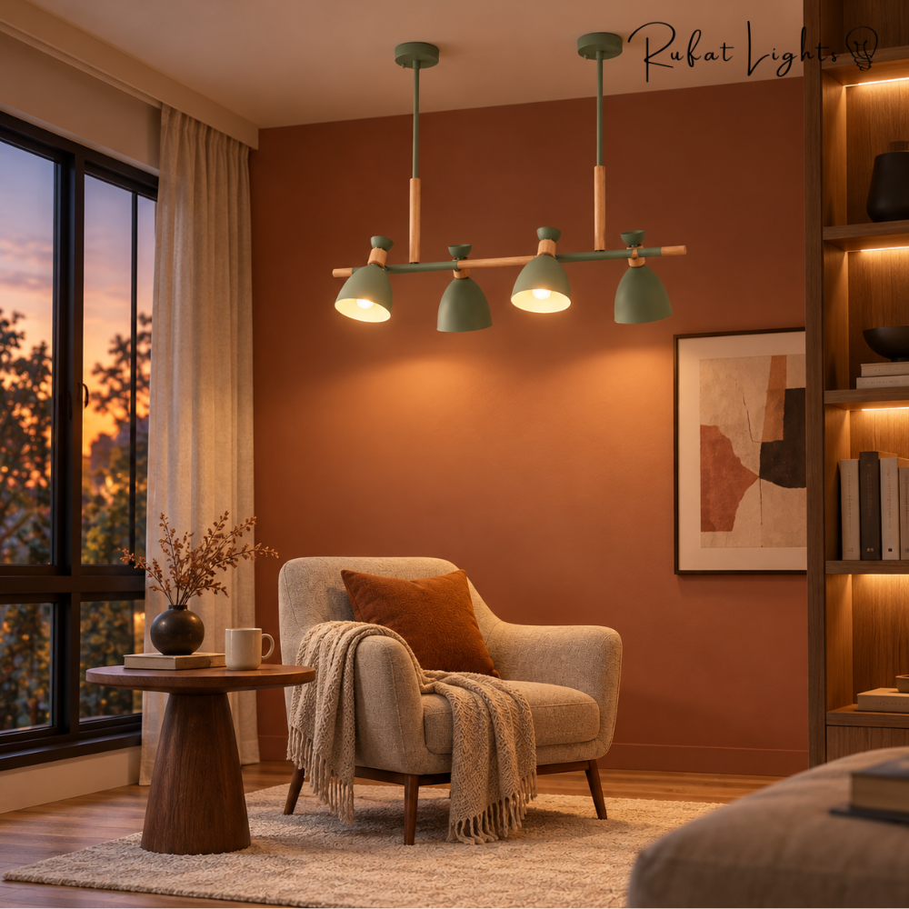 Vintage Wood Chandelier Lights green version in a reading corner