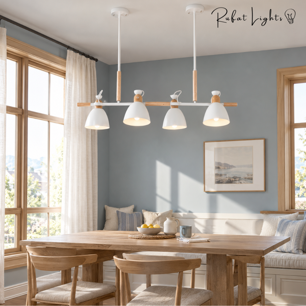 Vintage Wood Chandelier Lights white version over a dining table