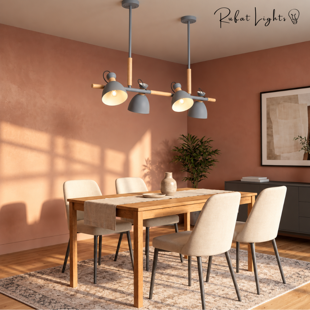 Vintage Wood Chandelier Lights grey version over a dining table
