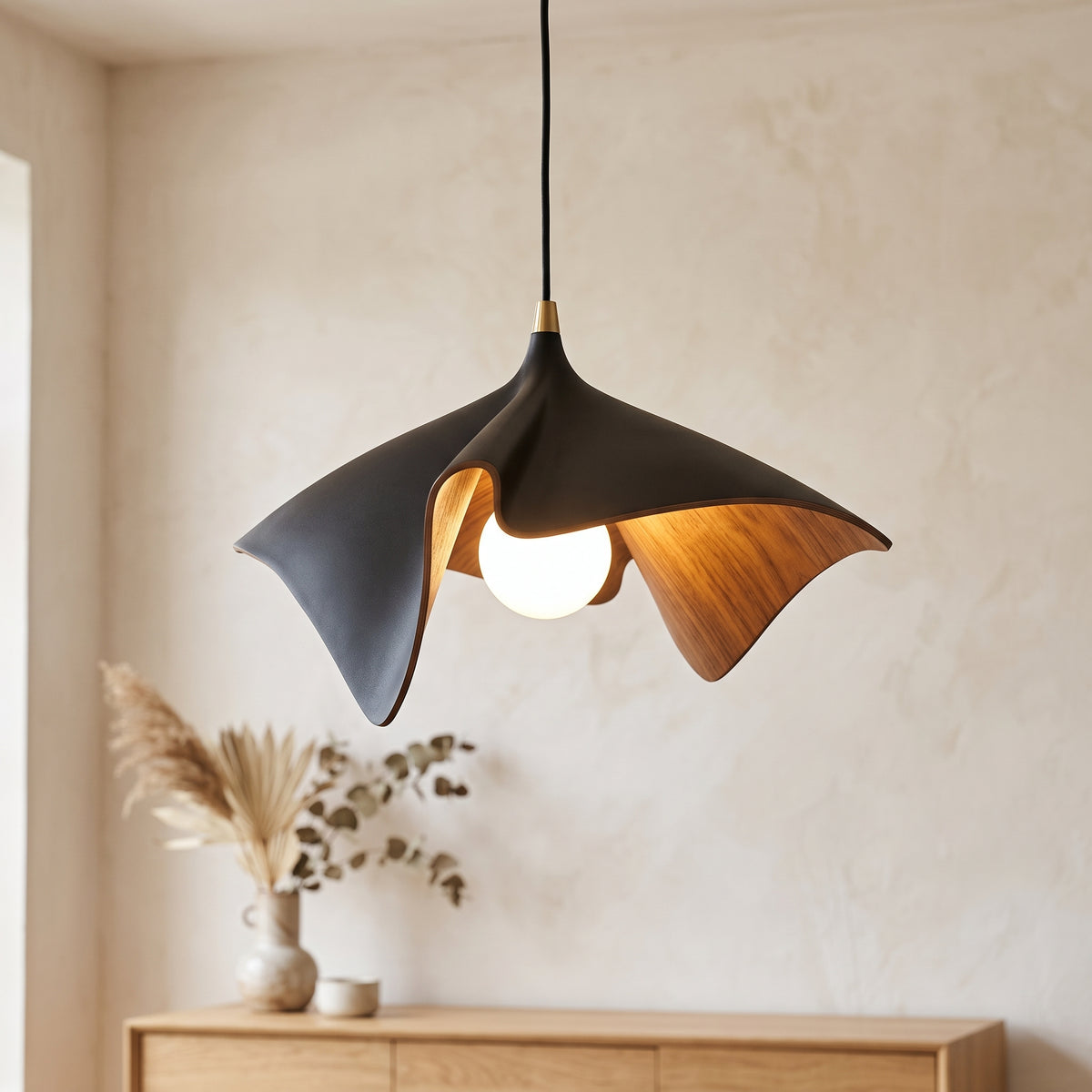 Vintage Wood Grain Ceiling Pendant Lamps black wood grain petal pendant lamp glowing above a sideboard