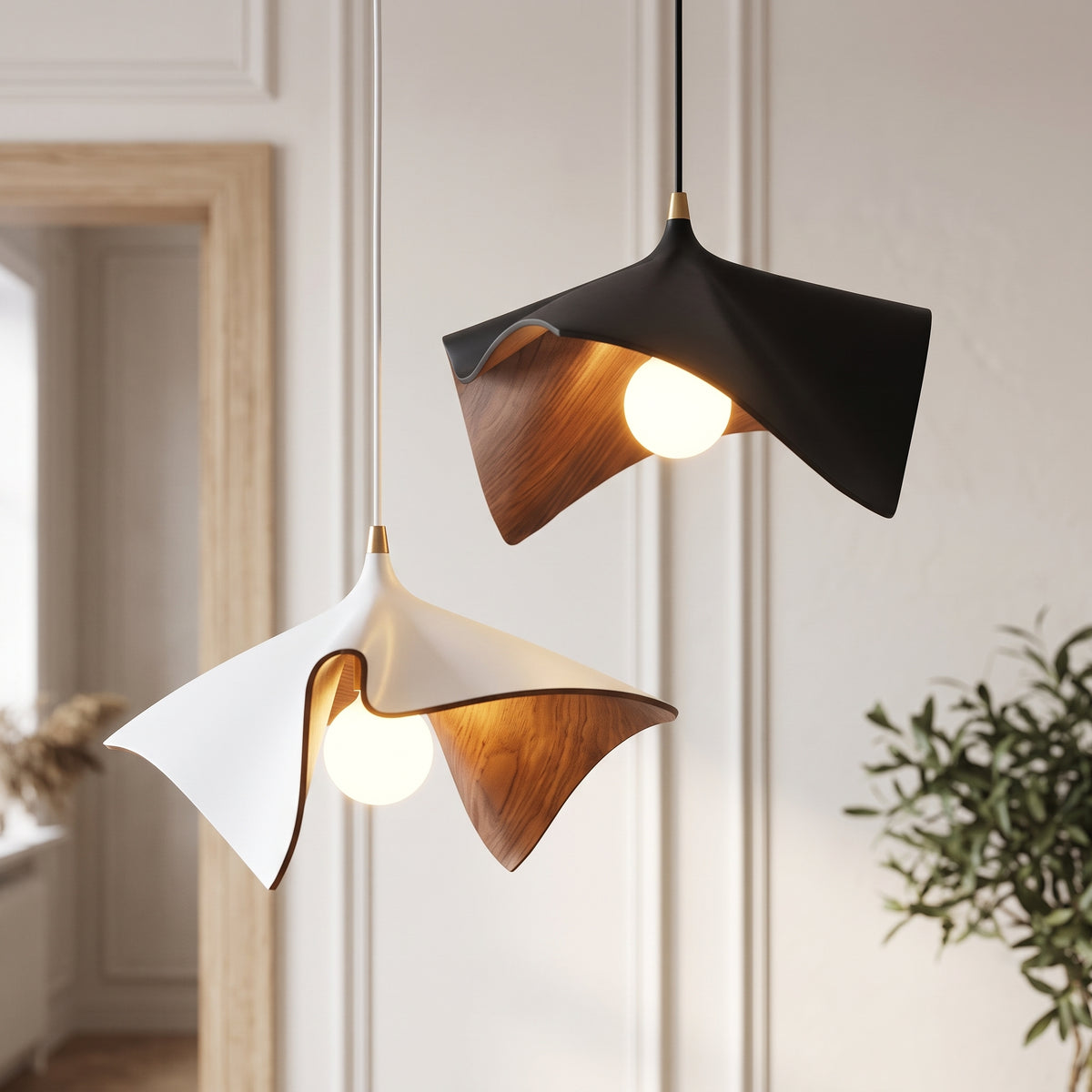 Vintage Wood Grain Ceiling Pendant Lamps black and white wood grain petal pendant lamps glowing against a white panelled wall