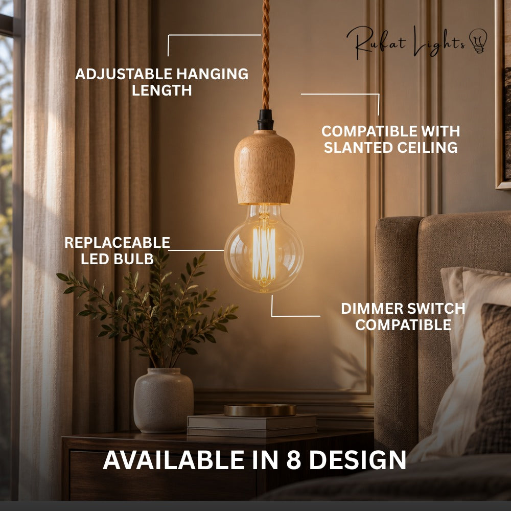 Vintage Wooden Hanging Socket Pendant Light features: adjustable hanging length, compatible with slanted ceiling, replaceable LED bulb, dimmer switch compatible, available in 8 designs
