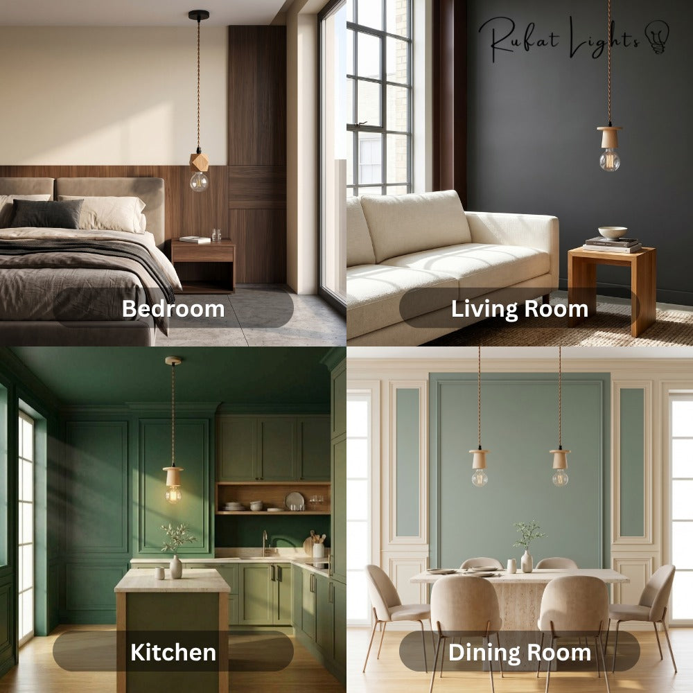 Vintage Wooden Hanging Socket Pendant Light shown in a bedroom, living room, kitchen and dining room