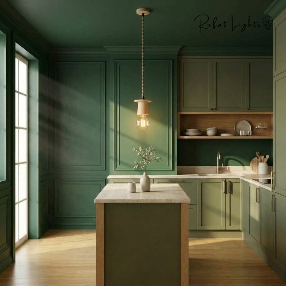 Vintage Wooden Hanging Socket Pendant Light over a kitchen island