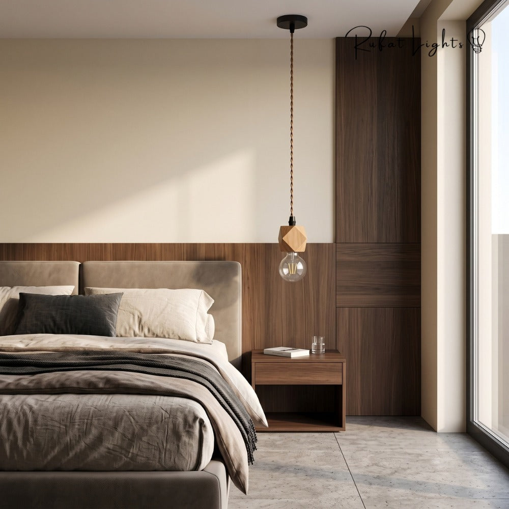 Vintage Wooden Hanging Socket Pendant Light beside a bed