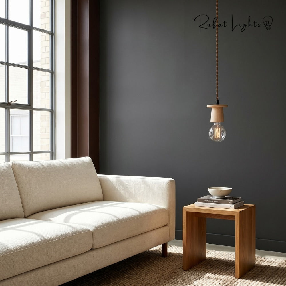 Vintage Wooden Hanging Socket Pendant Light beside a sofa