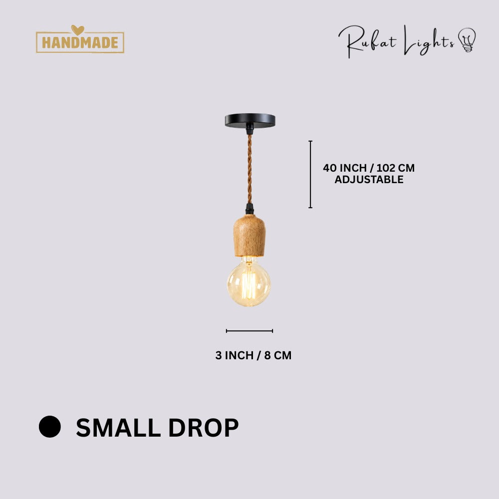 Vintage Wooden Hanging Socket Pendant Light Small Drop dimensions: 3 in (8 cm) wide, 40 in (102 cm) adjustable hanging length
