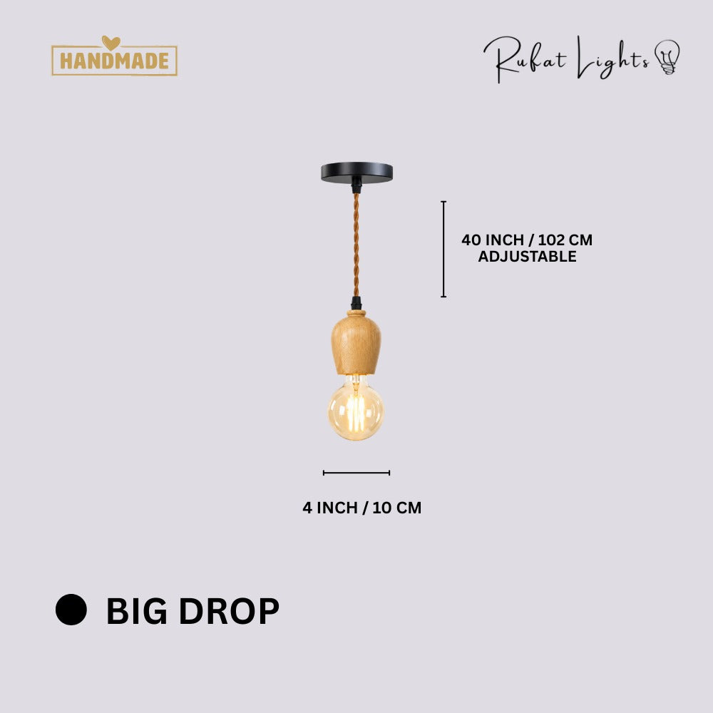 Vintage Wooden Hanging Socket Pendant Light Big Drop dimensions: 4 in (10 cm) wide, 40 in (102 cm) adjustable hanging length