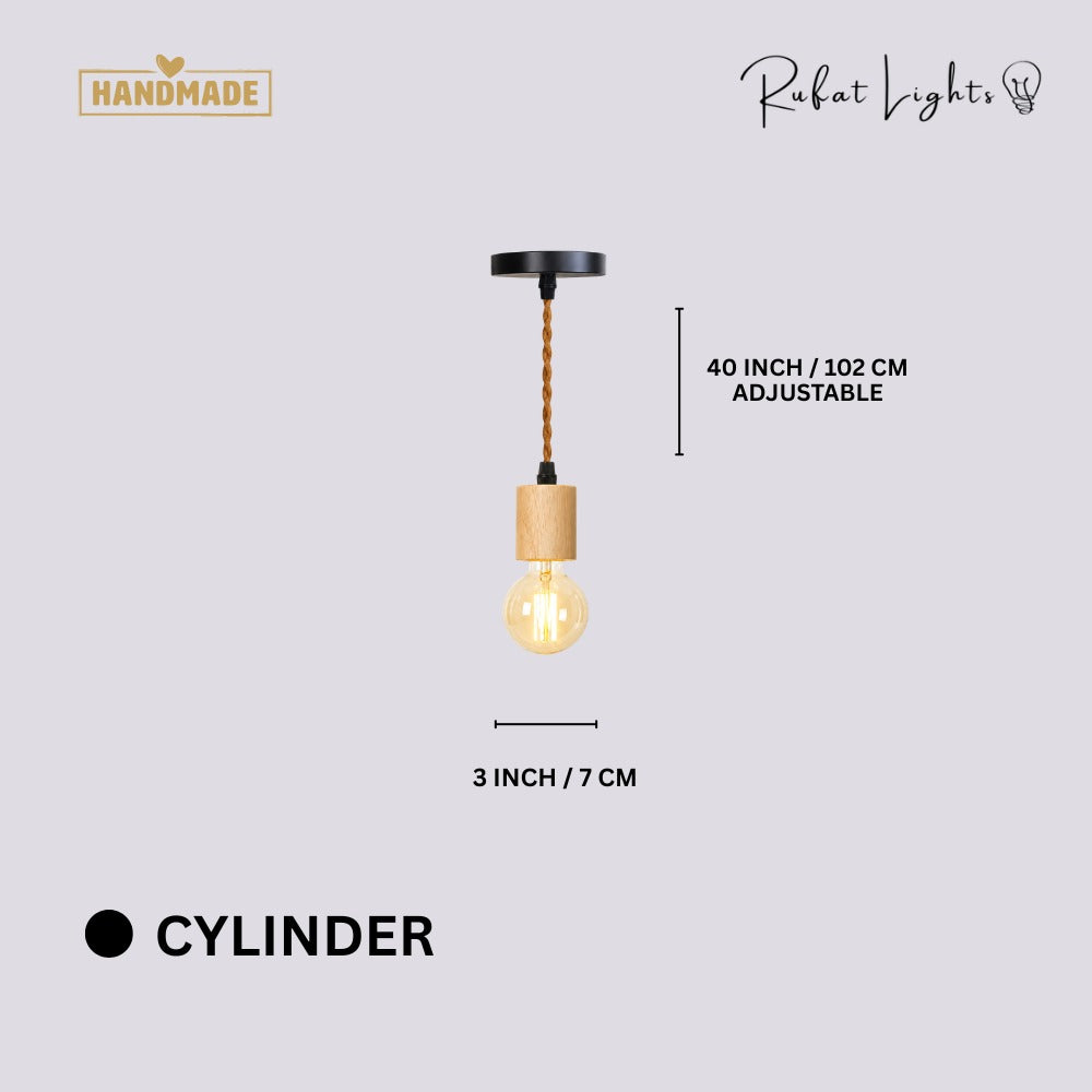 Vintage Wooden Hanging Socket Pendant Light Cylinder dimensions: 3 in (7 cm) wide, 40 in (102 cm) adjustable hanging length