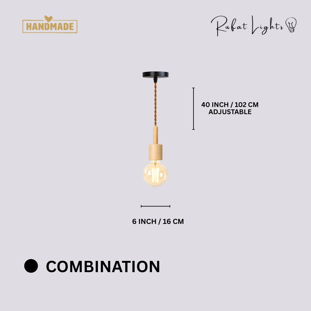 Vintage Wooden Hanging Socket Pendant Light Combination dimensions: 6 in (16 cm) wide, 40 in (102 cm) adjustable hanging length