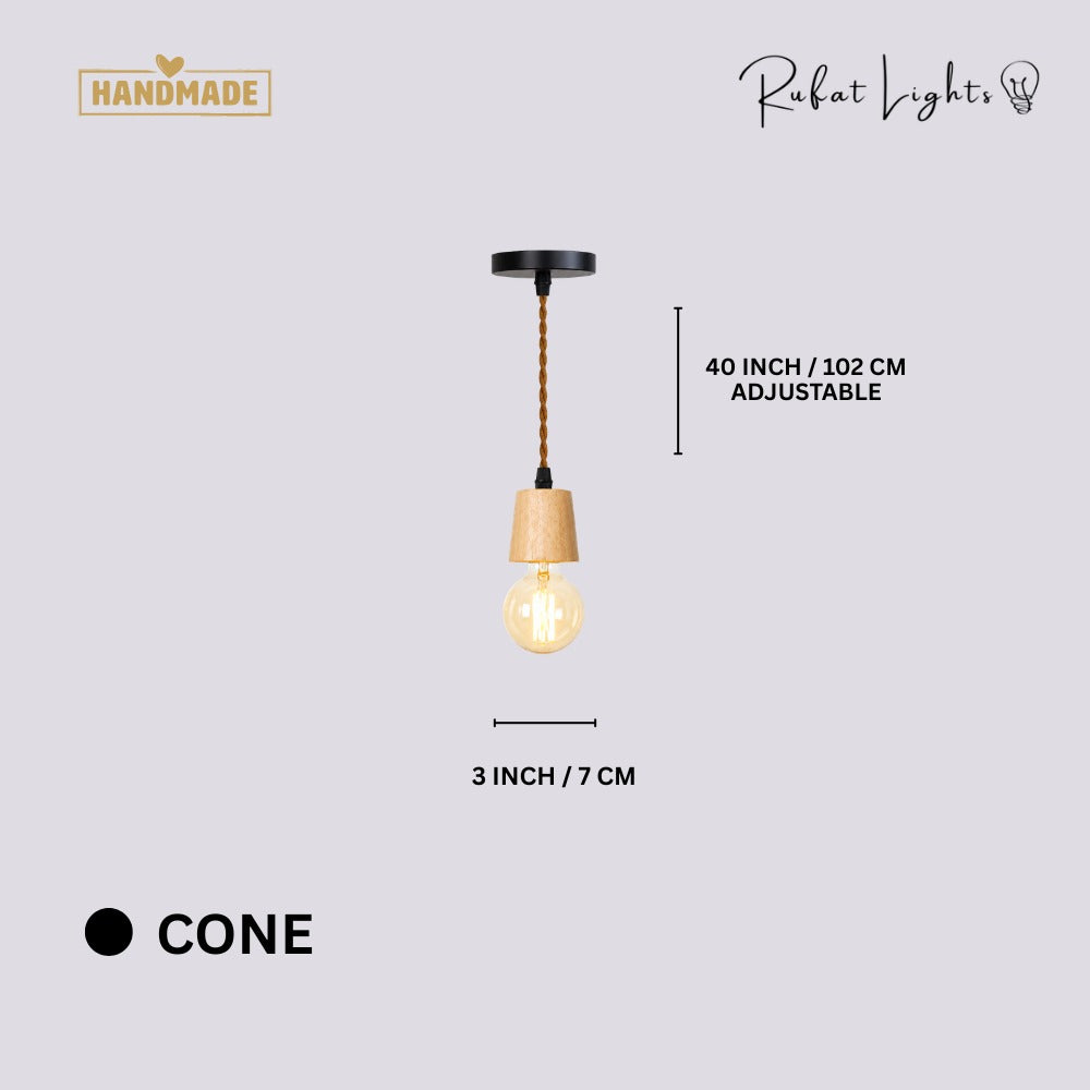 Vintage Wooden Hanging Socket Pendant Light Cone dimensions: 3 in (7 cm) wide, 40 in (102 cm) adjustable hanging length