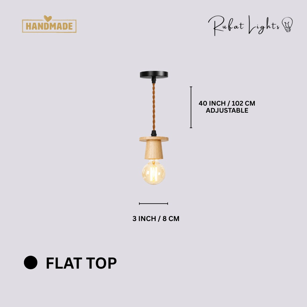 Vintage Wooden Hanging Socket Pendant Light Flat Top dimensions: 3 in (8 cm) wide, 40 in (102 cm) adjustable hanging length