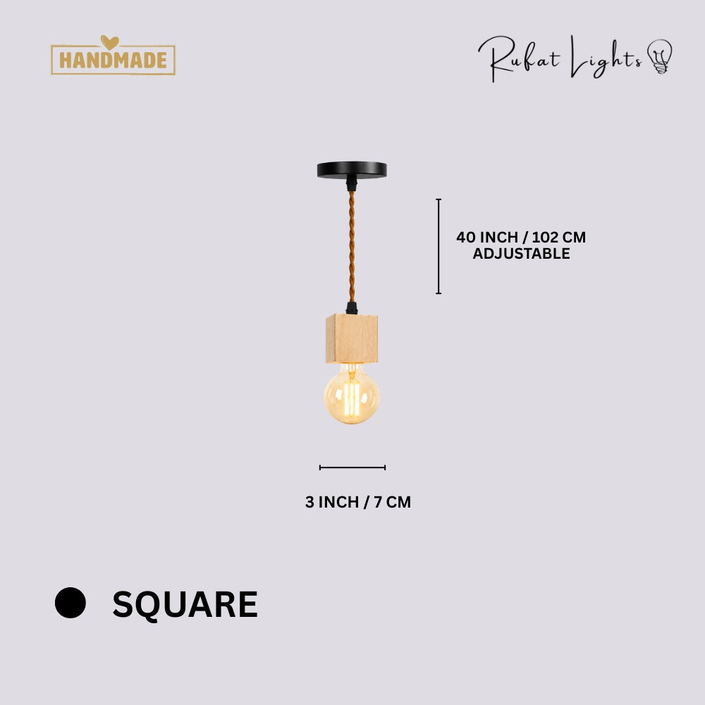 Vintage Wooden Hanging Socket Pendant Light Square dimensions: 3 in (7 cm) wide, 40 in (102 cm) adjustable hanging length