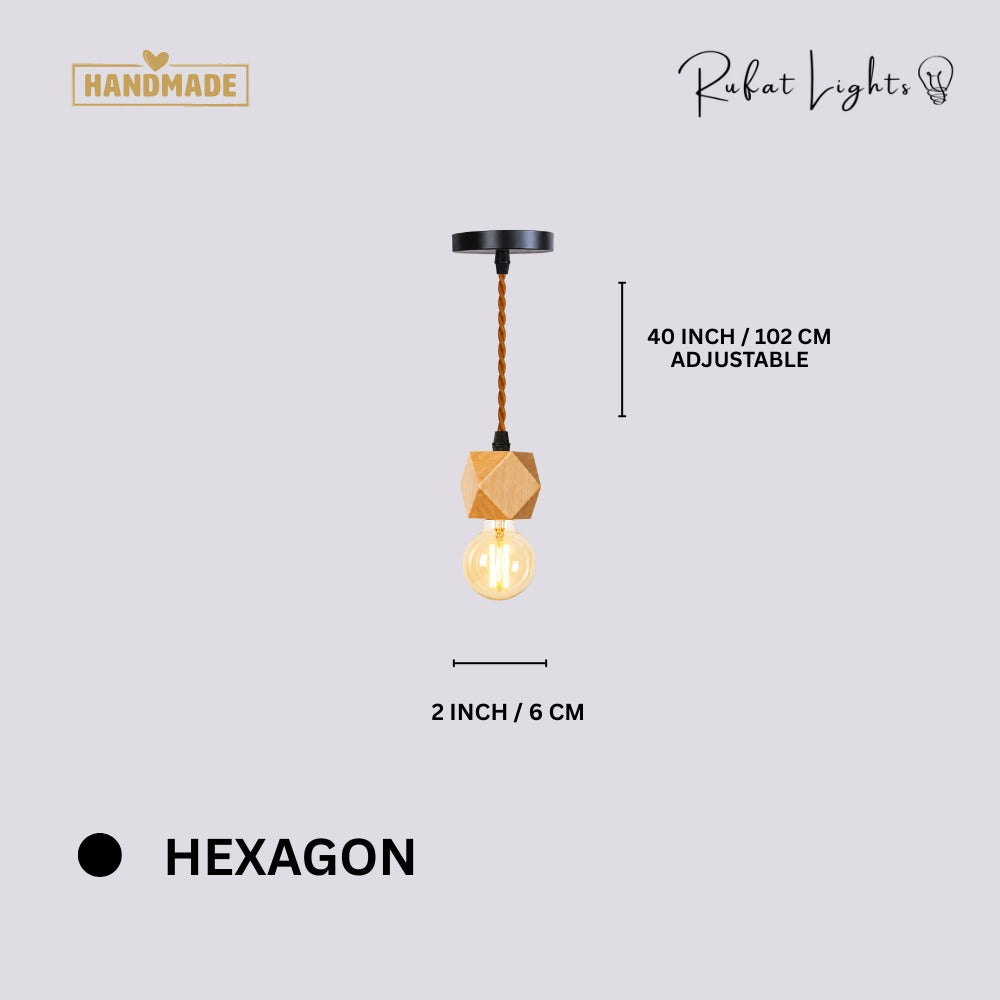 Vintage Wooden Hanging Socket Pendant Light Hexagon dimensions: 2 in (6 cm) wide, 40 in (102 cm) adjustable hanging length