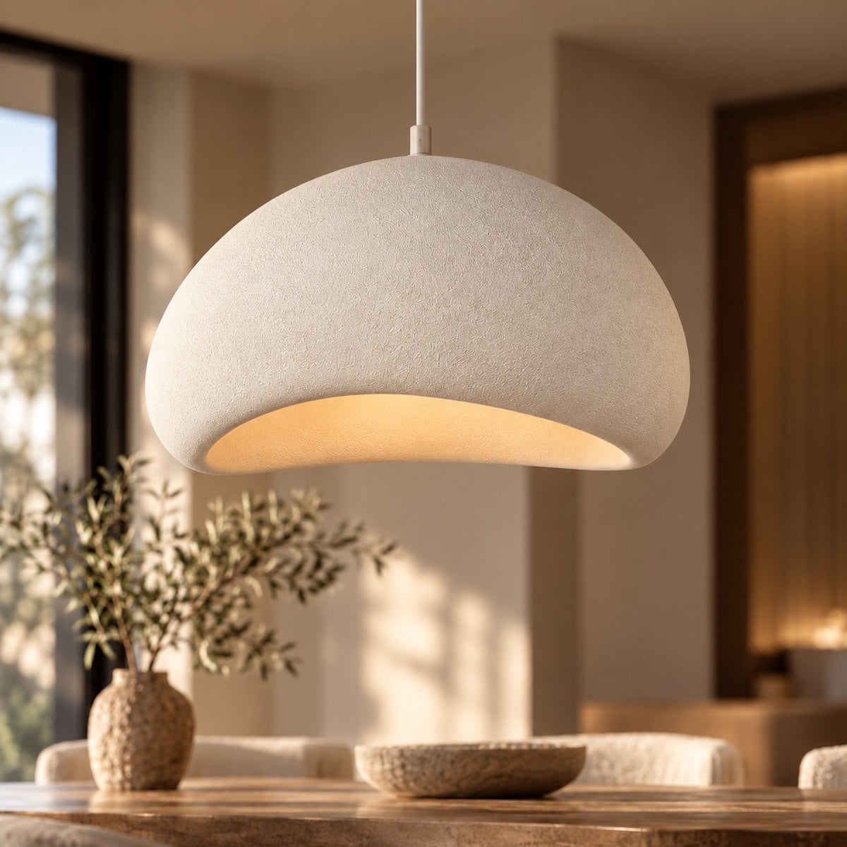 Wabi-Sabi Scandinavian Style Pendant Lights white shade above a dining table