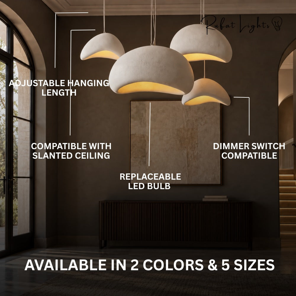 Wabi-Sabi Scandinavian Style Pendant Lights features: adjustable hanging length, compatible with slanted ceiling, replaceable LED bulb, dimmer switch compatible, available in 2 colors and 5 sizes