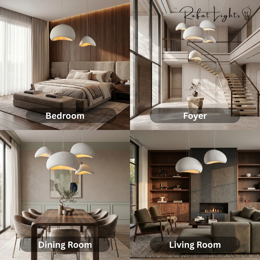 Wabi-Sabi Scandinavian Style Pendant Lights shown in a bedroom, foyer, dining room and living room