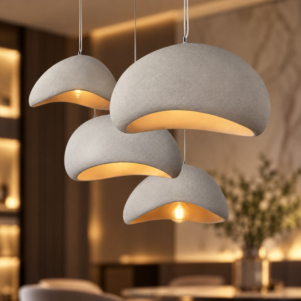 Wabi-Sabi Scandinavian Style Pendant Lights group of white shades in a warm interior