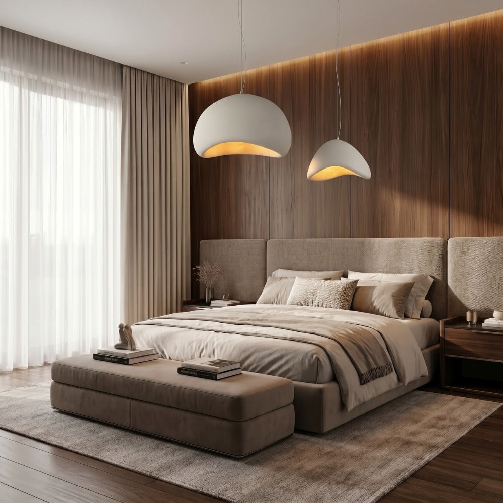 Wabi-Sabi Scandinavian Style Pendant Lights pair above a bed