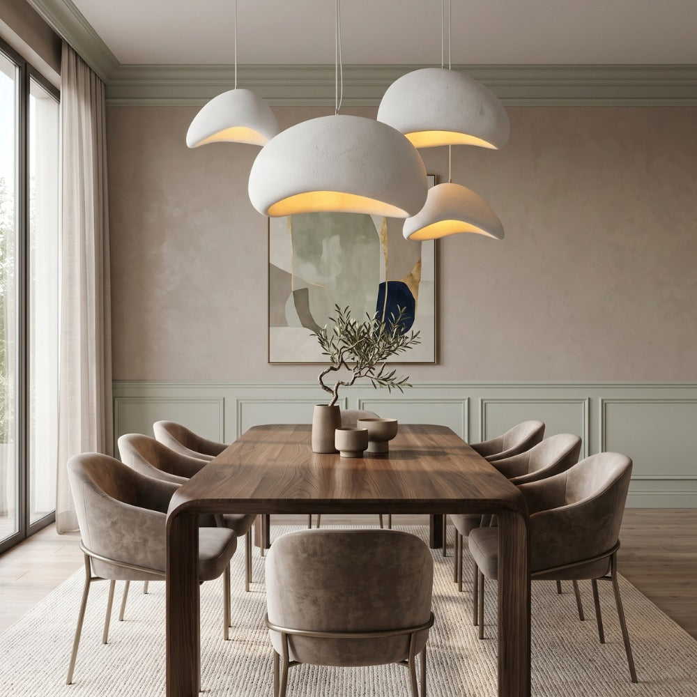 Wabi-Sabi Scandinavian Style Pendant Lights cluster above a dining table