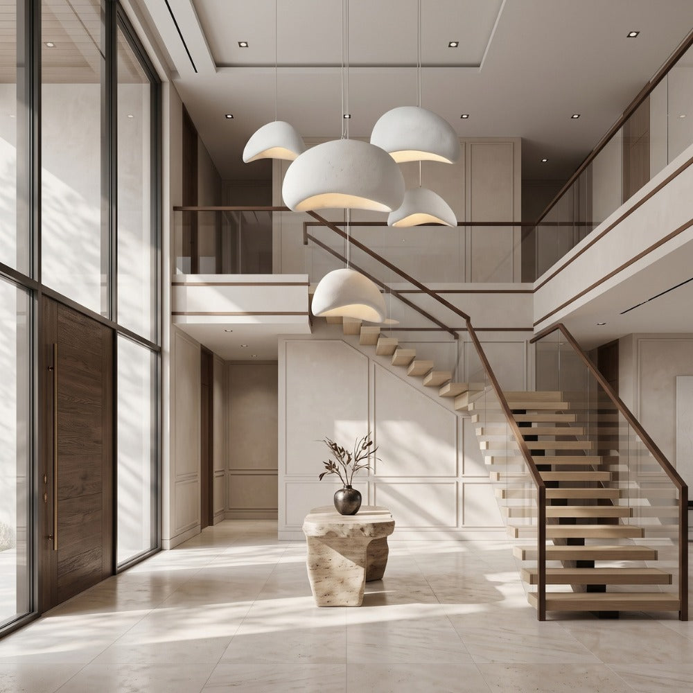 Wabi-Sabi Scandinavian Style Pendant Lights cluster in a staircase foyer
