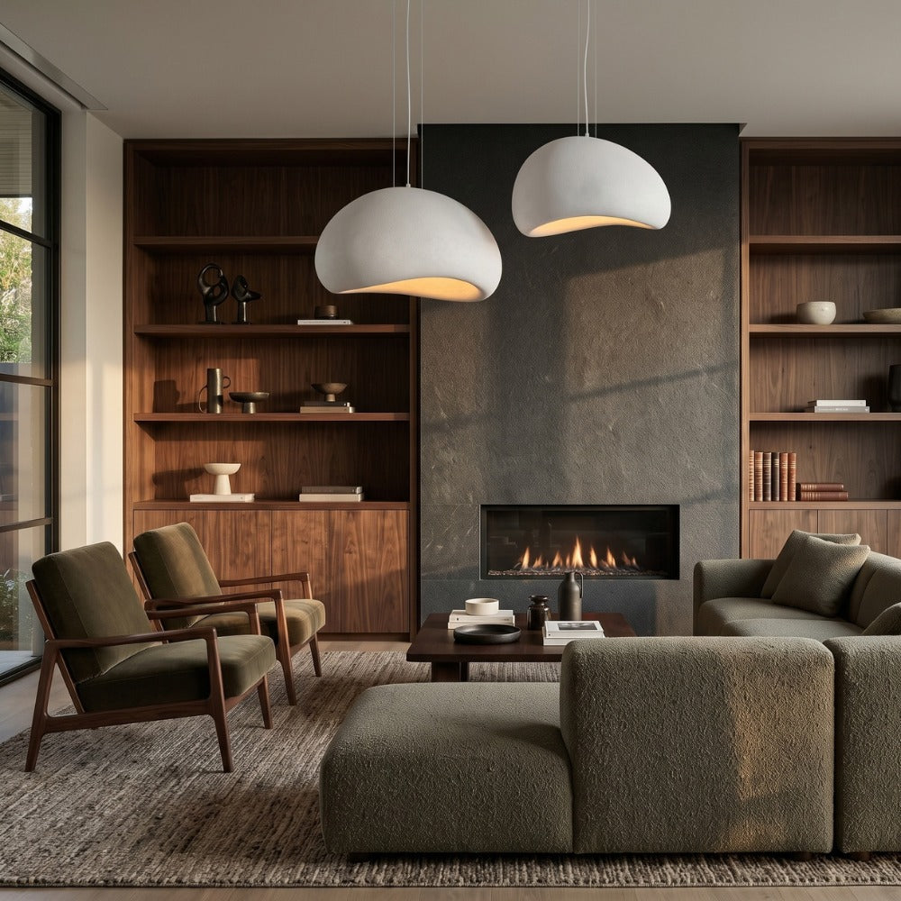 Wabi-Sabi Scandinavian Style Pendant Lights pair in a living room