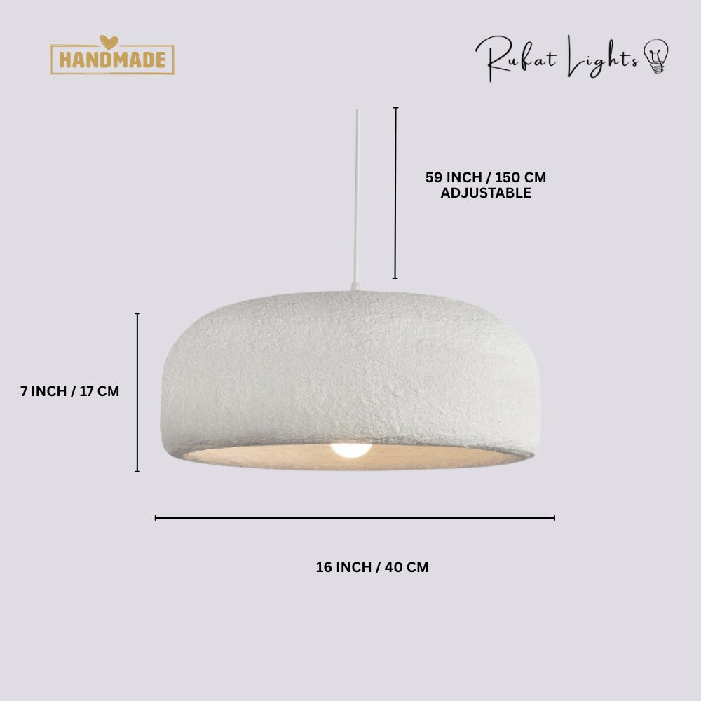 Japanese Style Wabi Sabi Polystyrene Pendant Lamp dimensions: 16 in (40 cm) diameter, 7 in (17 cm) high, 59 in (150 cm) adjustable hanging length