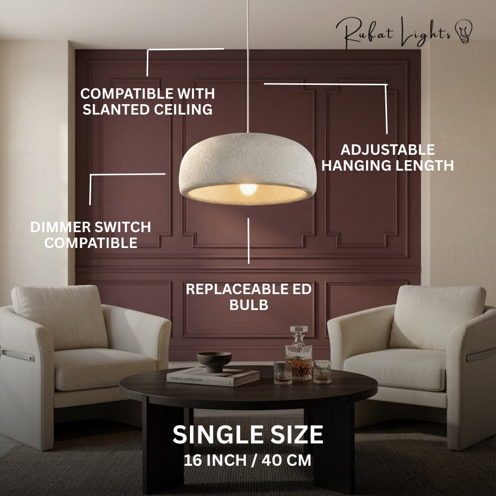 Japanese Style Wabi Sabi Polystyrene Pendant Lamp features: compatible with slanted ceiling, adjustable hanging length, dimmer switch compatible, replaceable LED bulb, single size 16 in (40 cm)