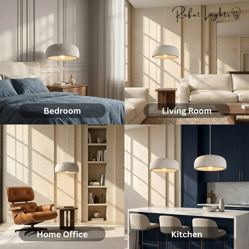 Japanese Style Wabi Sabi Polystyrene Pendant Lamp shown in a bedroom, living room, home office and kitchen