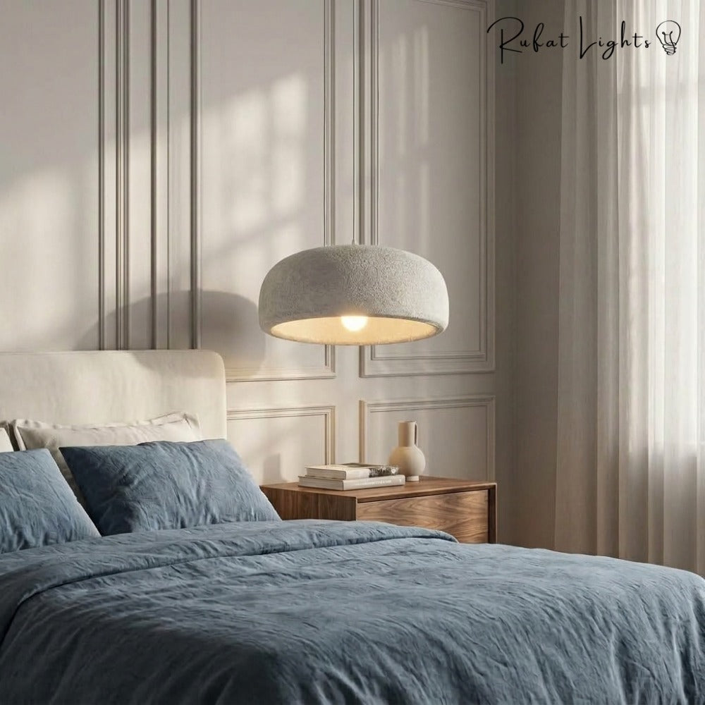 Japanese Style Wabi Sabi Polystyrene Pendant Lamp above a bed