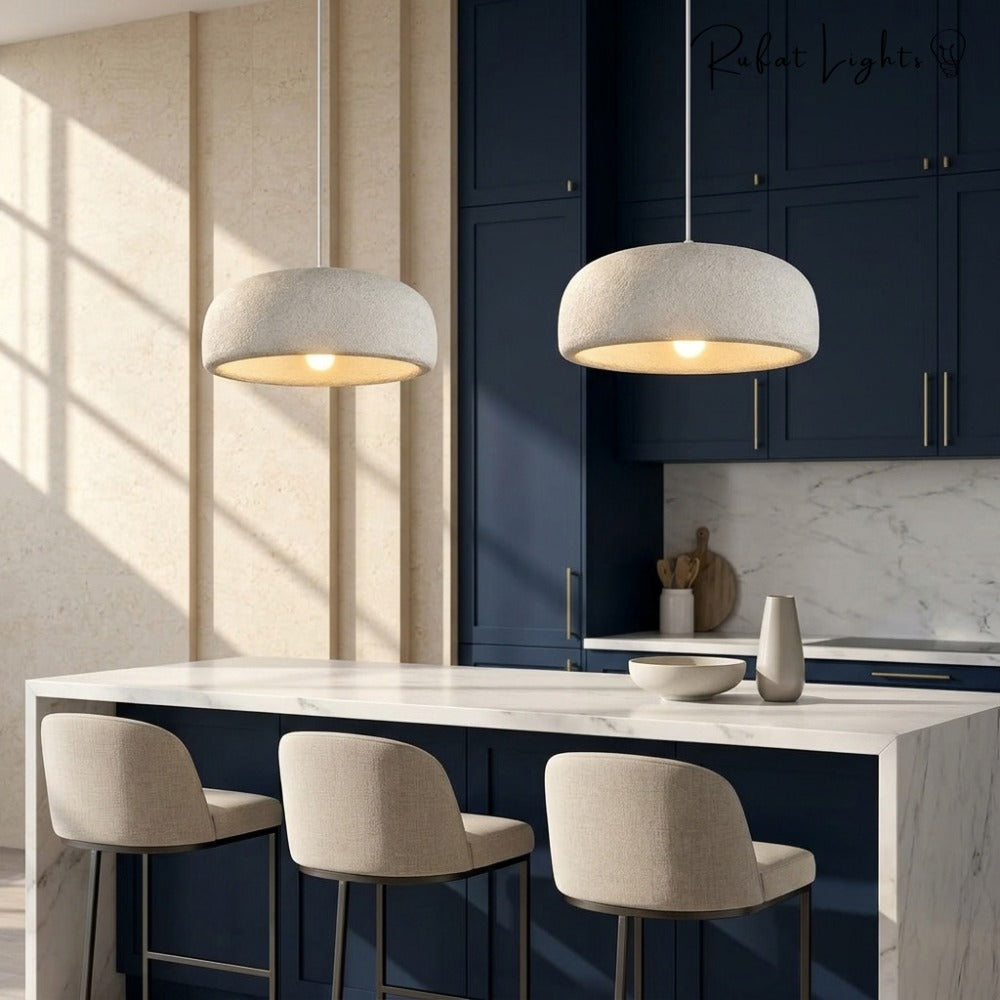 Japanese Style Wabi Sabi Polystyrene Pendant Lamp pair above a kitchen island