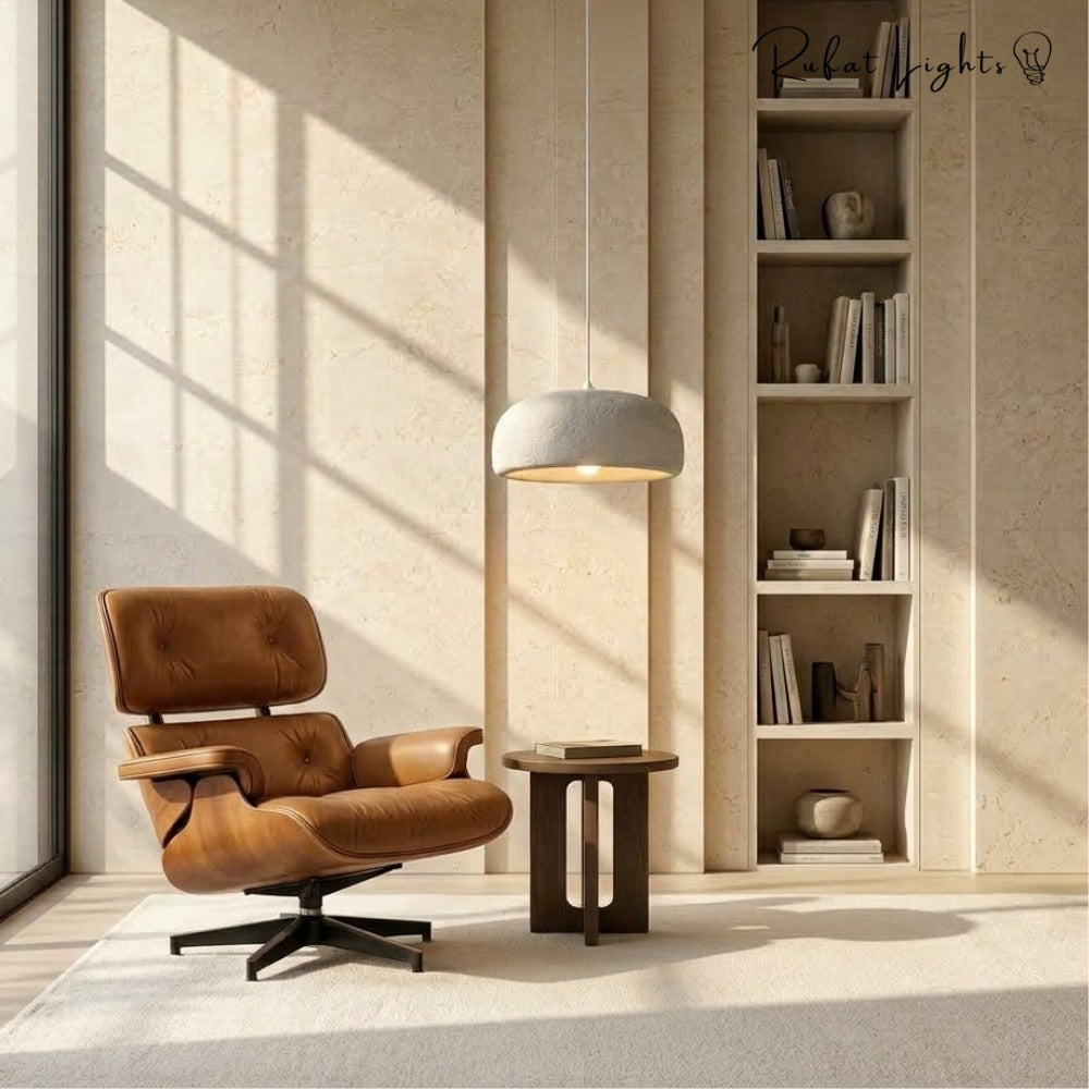 Japanese Style Wabi Sabi Polystyrene Pendant Lamp beside a lounge chair