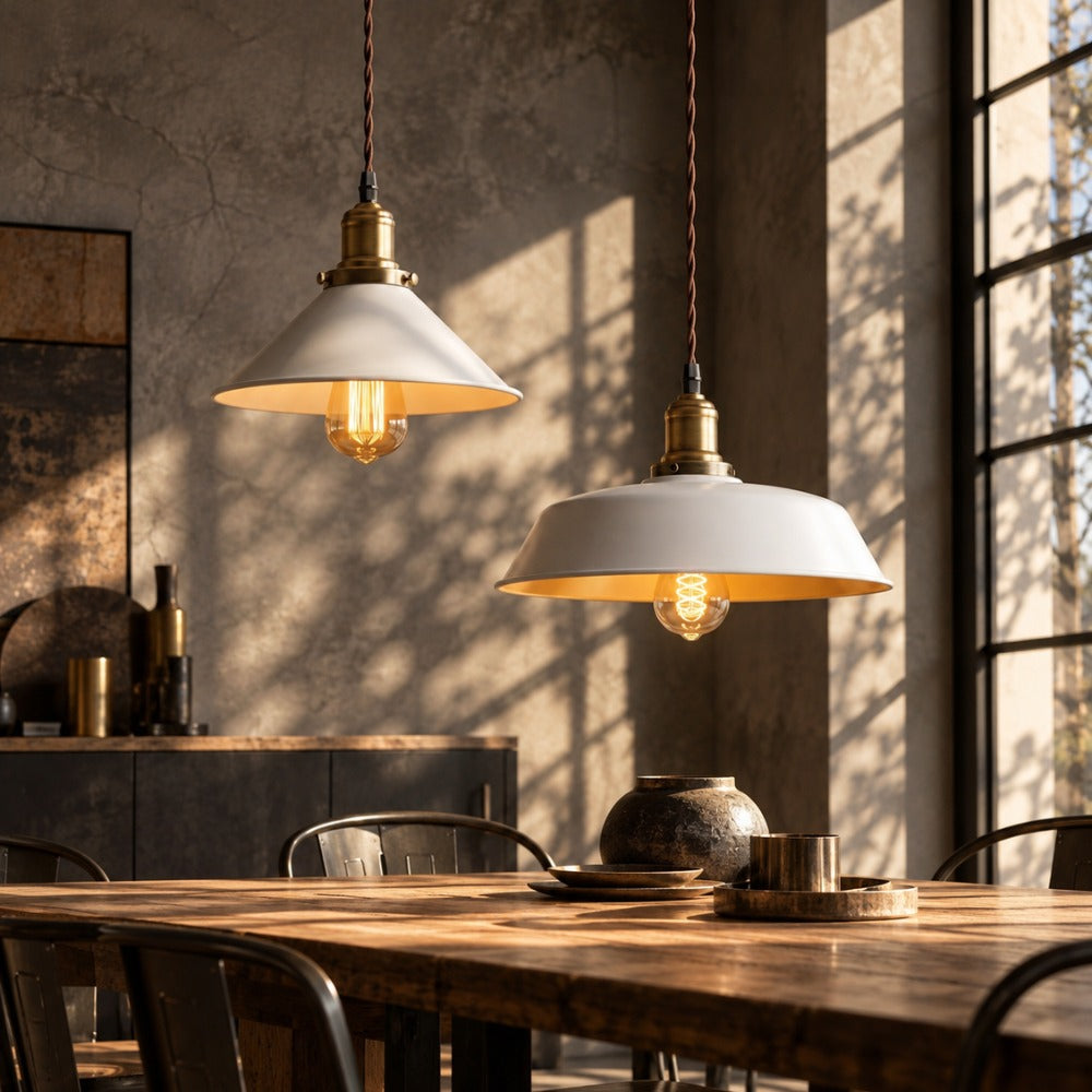 White Kitchen Pendant Light Fixture pair over a rustic dining table