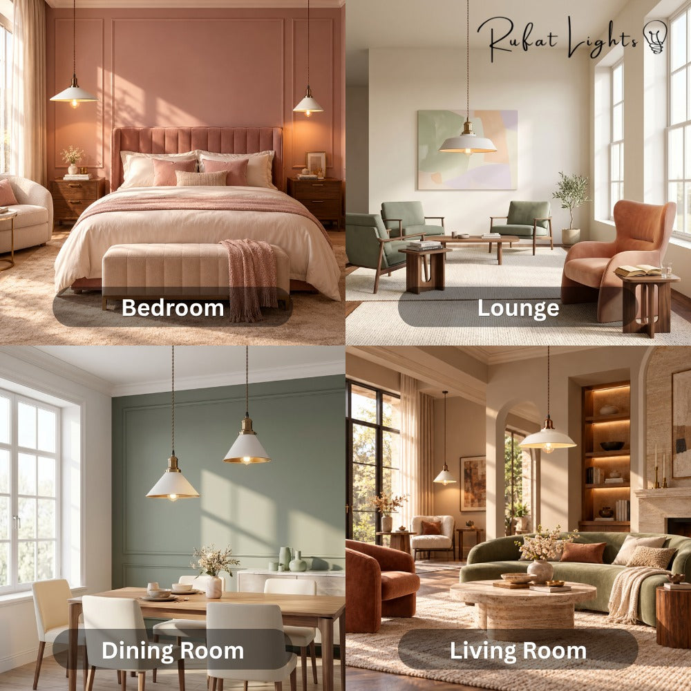 White Kitchen Pendant Light Fixture shown in a bedroom, lounge, dining room and living room