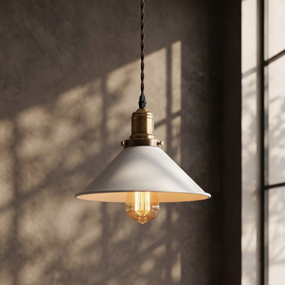 White Kitchen Pendant Light Fixture cone shade against a concrete wall
