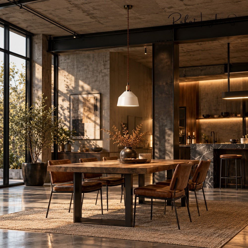 White Kitchen Pendant Light Fixture over a loft dining table