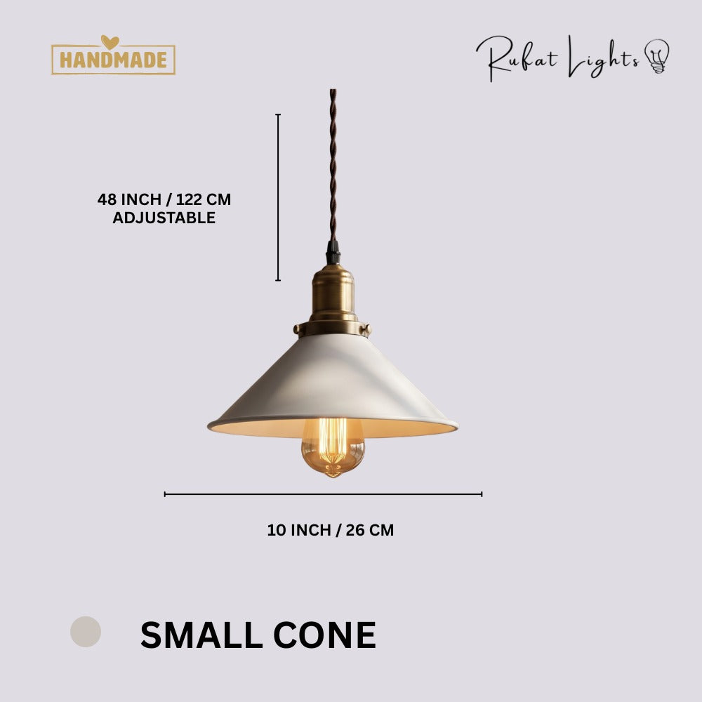 White Kitchen Pendant Light Fixture Small Cone dimensions: 10 in (26 cm) wide, 48 in (122 cm) adjustable hanging length