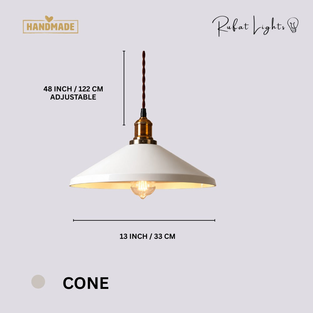 White Kitchen Pendant Light Fixture Cone dimensions: 13 in (33 cm) wide, 48 in (122 cm) adjustable hanging length