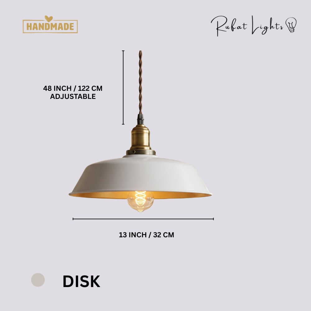 White Kitchen Pendant Light Fixture Disk dimensions: 13 in (32 cm) wide, 48 in (122 cm) adjustable hanging length