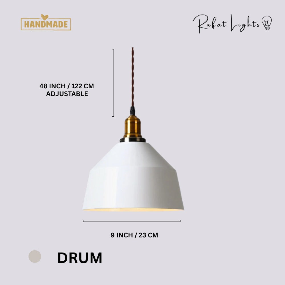 White Kitchen Pendant Light Fixture Drum dimensions: 9 in (23 cm) wide, 48 in (122 cm) adjustable hanging length
