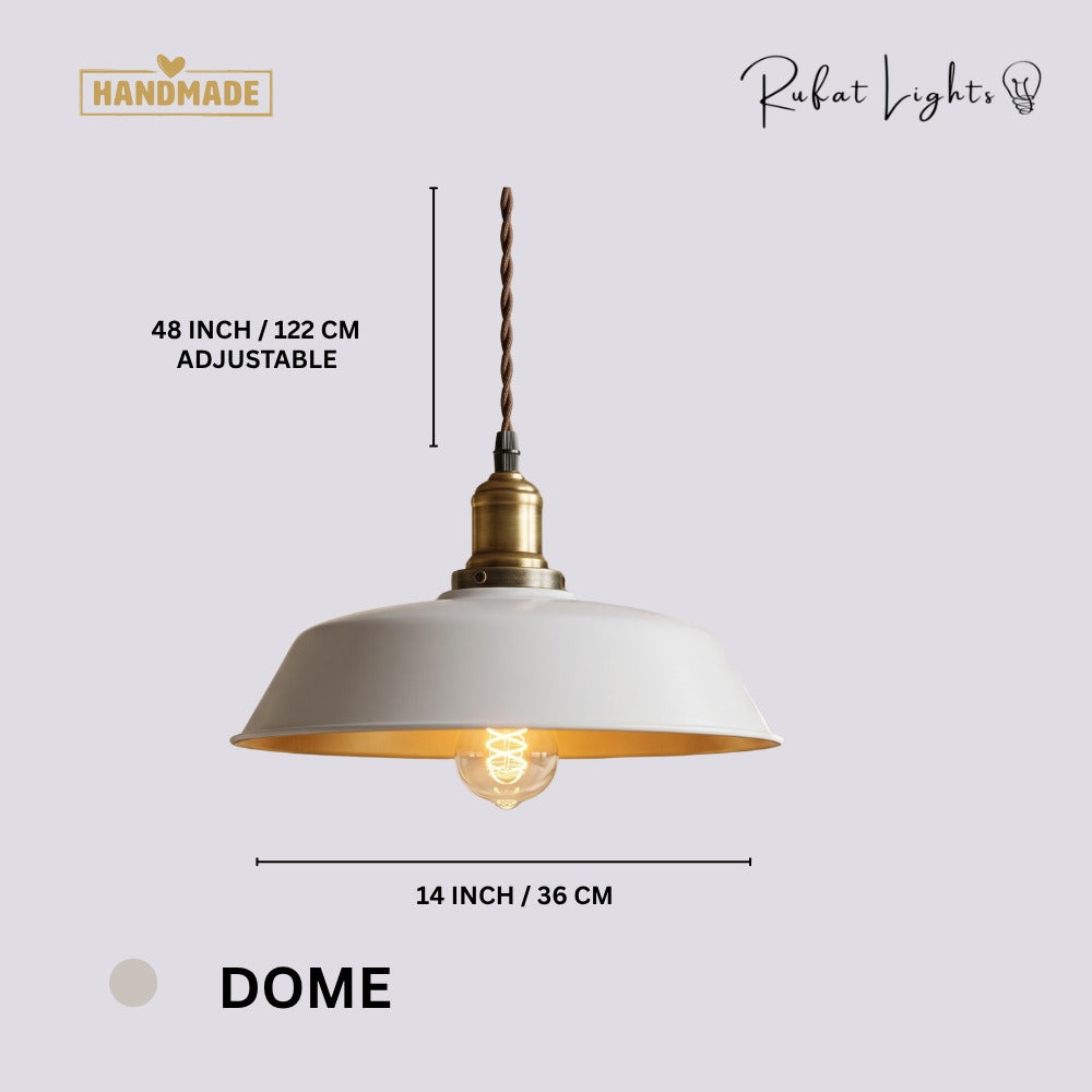 White Kitchen Pendant Light Fixture Dome dimensions: 14 in (36 cm) wide, 48 in (122 cm) adjustable hanging length