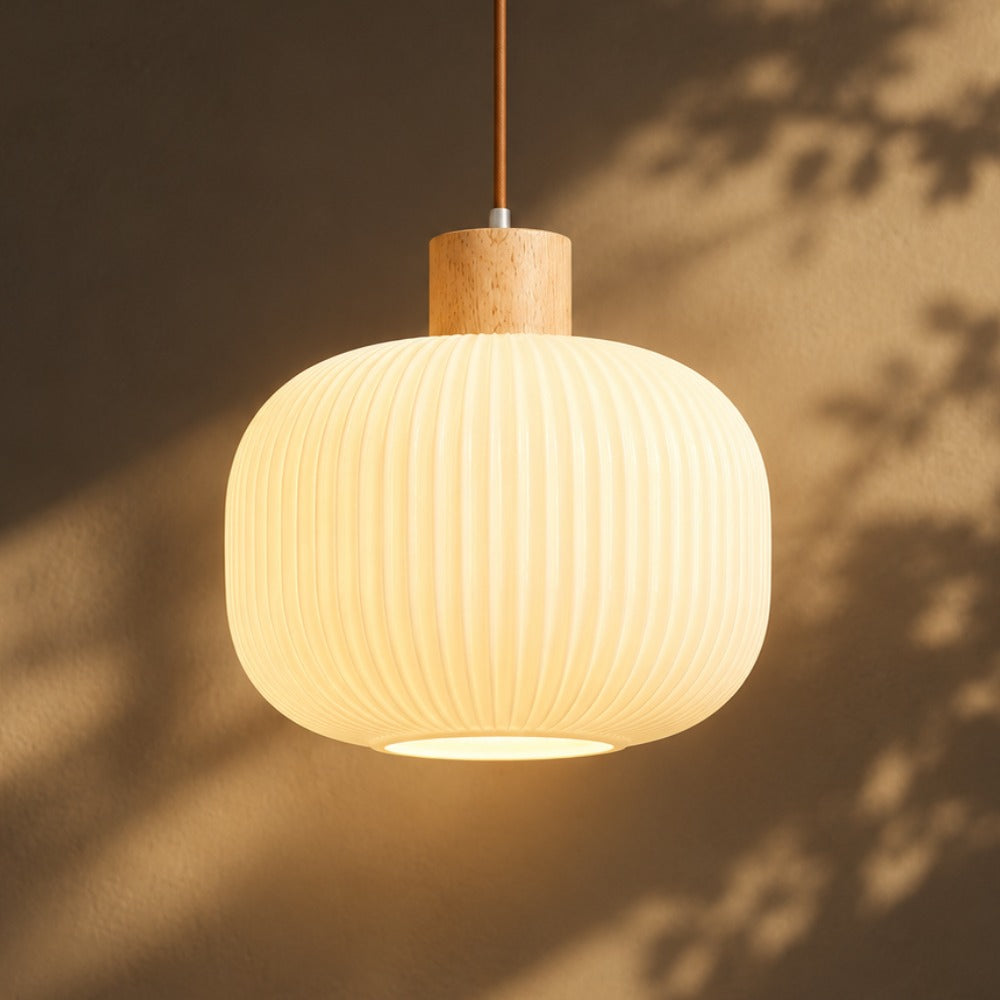 White Loft Glass Lampshade Pendant Lamp B ribbed glass shade with wood cap