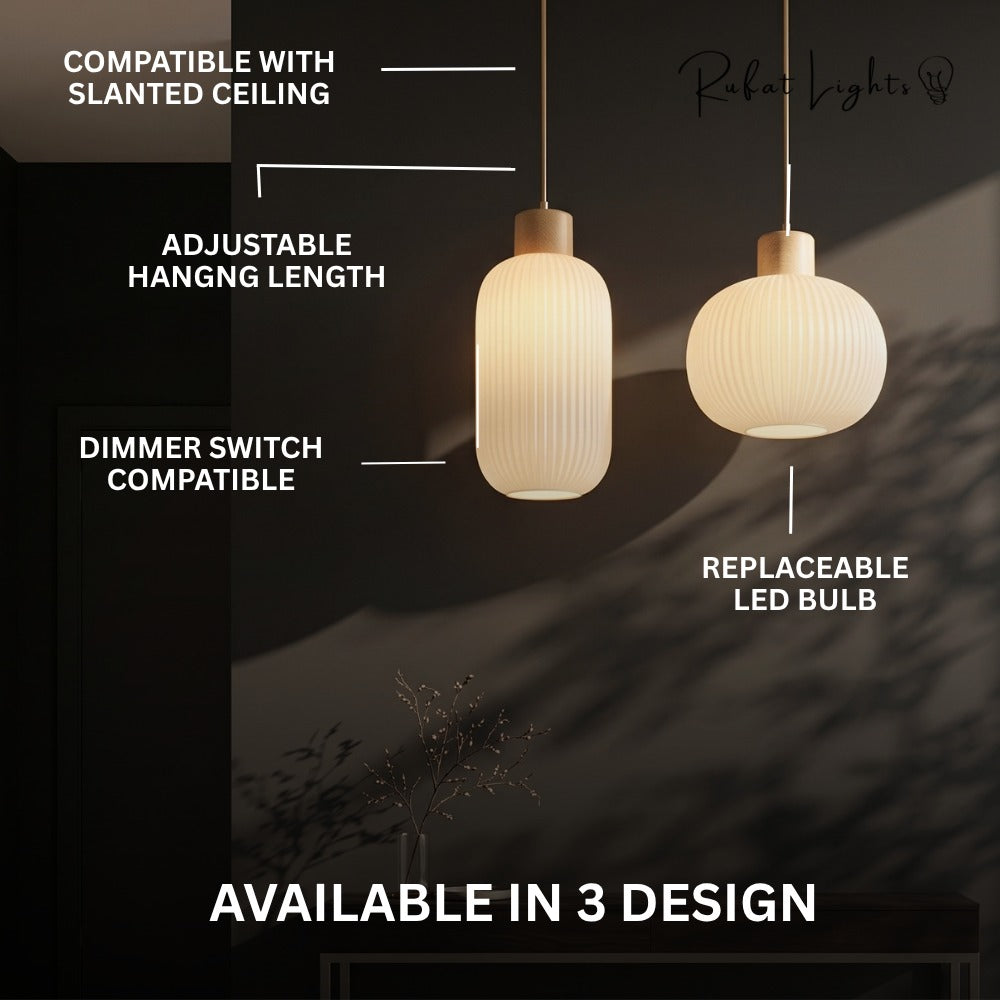 White Loft Glass Lampshade Pendant Lamp features: compatible with slanted ceiling, adjustable hanging length, dimmer switch compatible, replaceable LED bulb, available in 3 designs