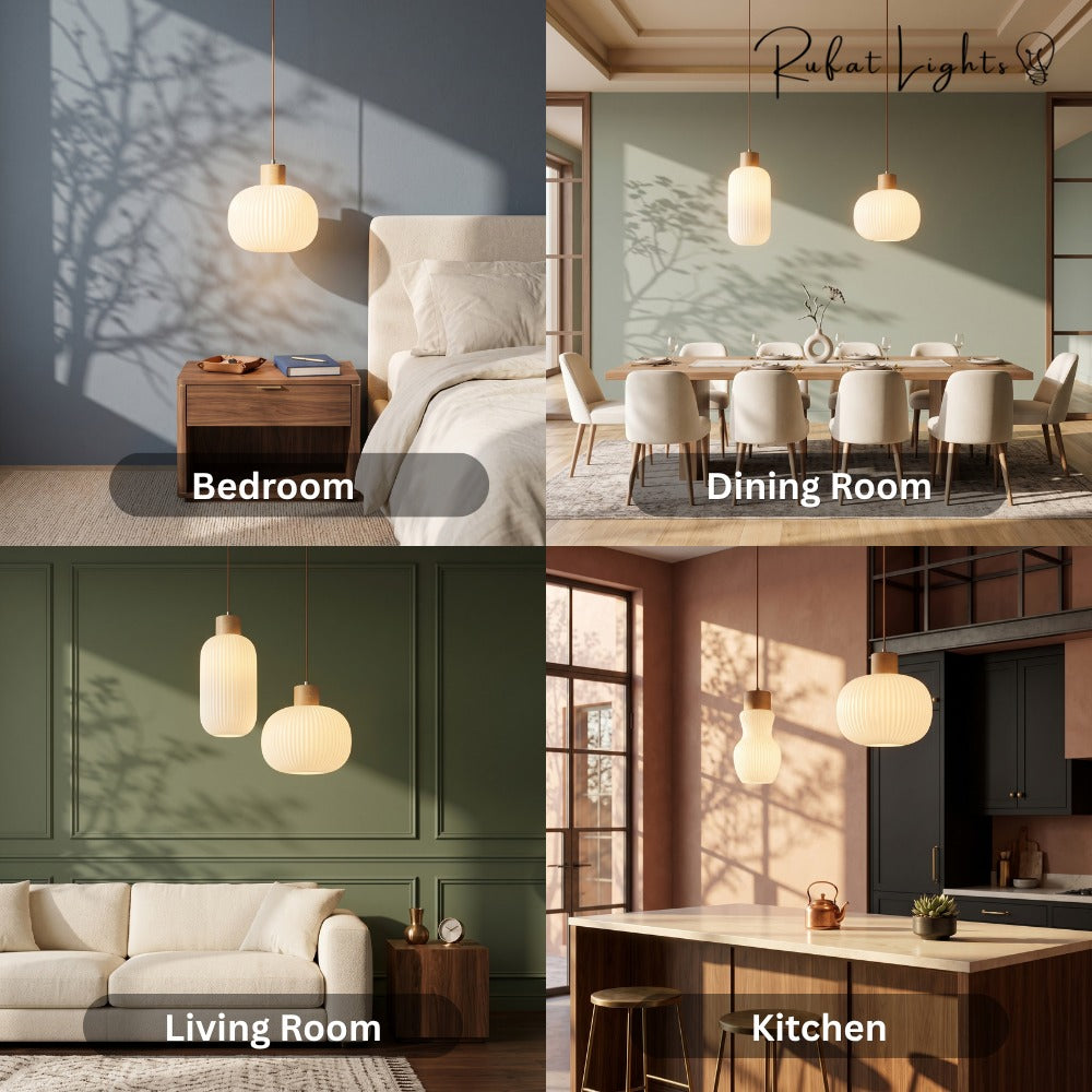 White Loft Glass Lampshade Pendant Lamp shown in a bedroom, dining room, living room and kitchen