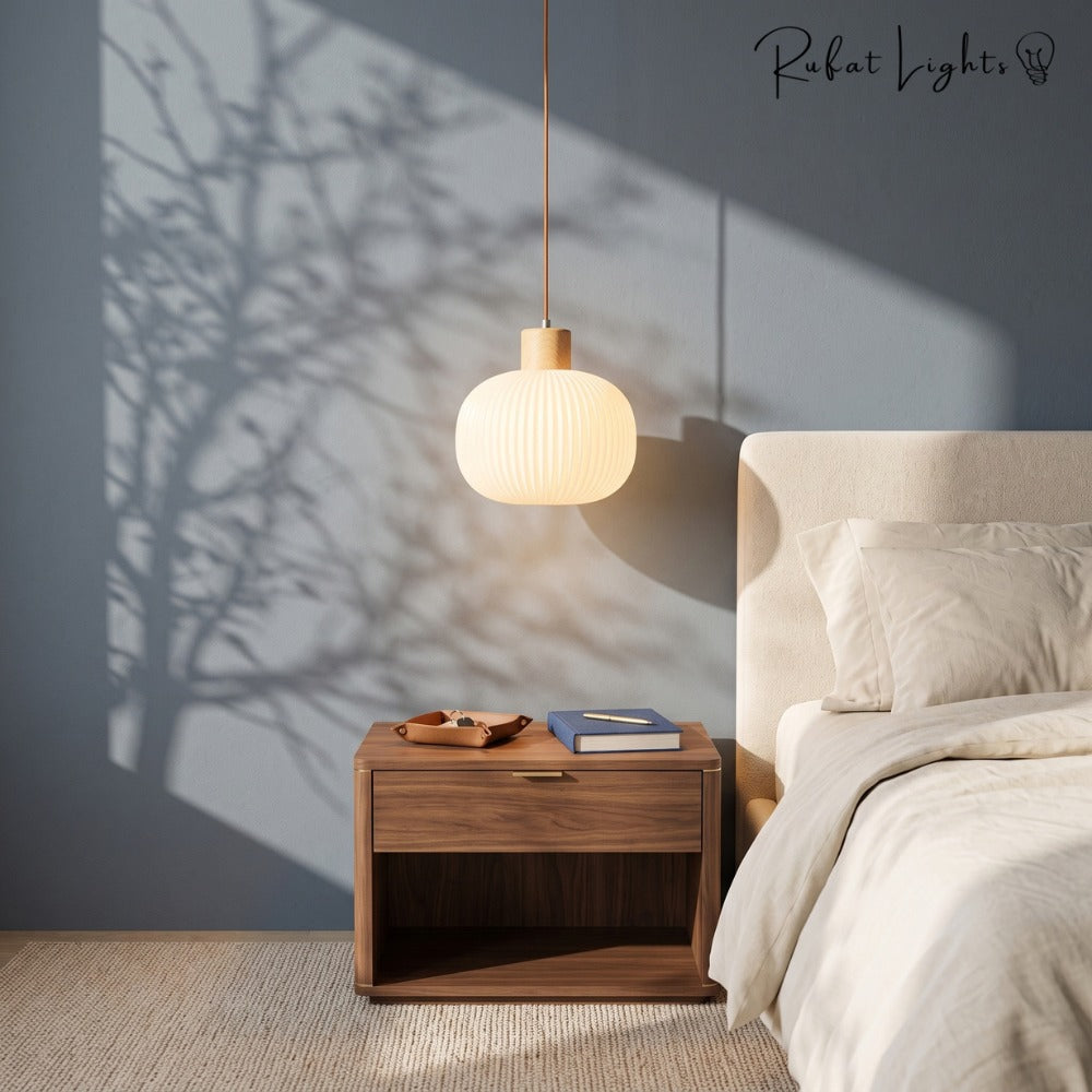 White Loft Glass Lampshade Pendant Lamp beside a bed