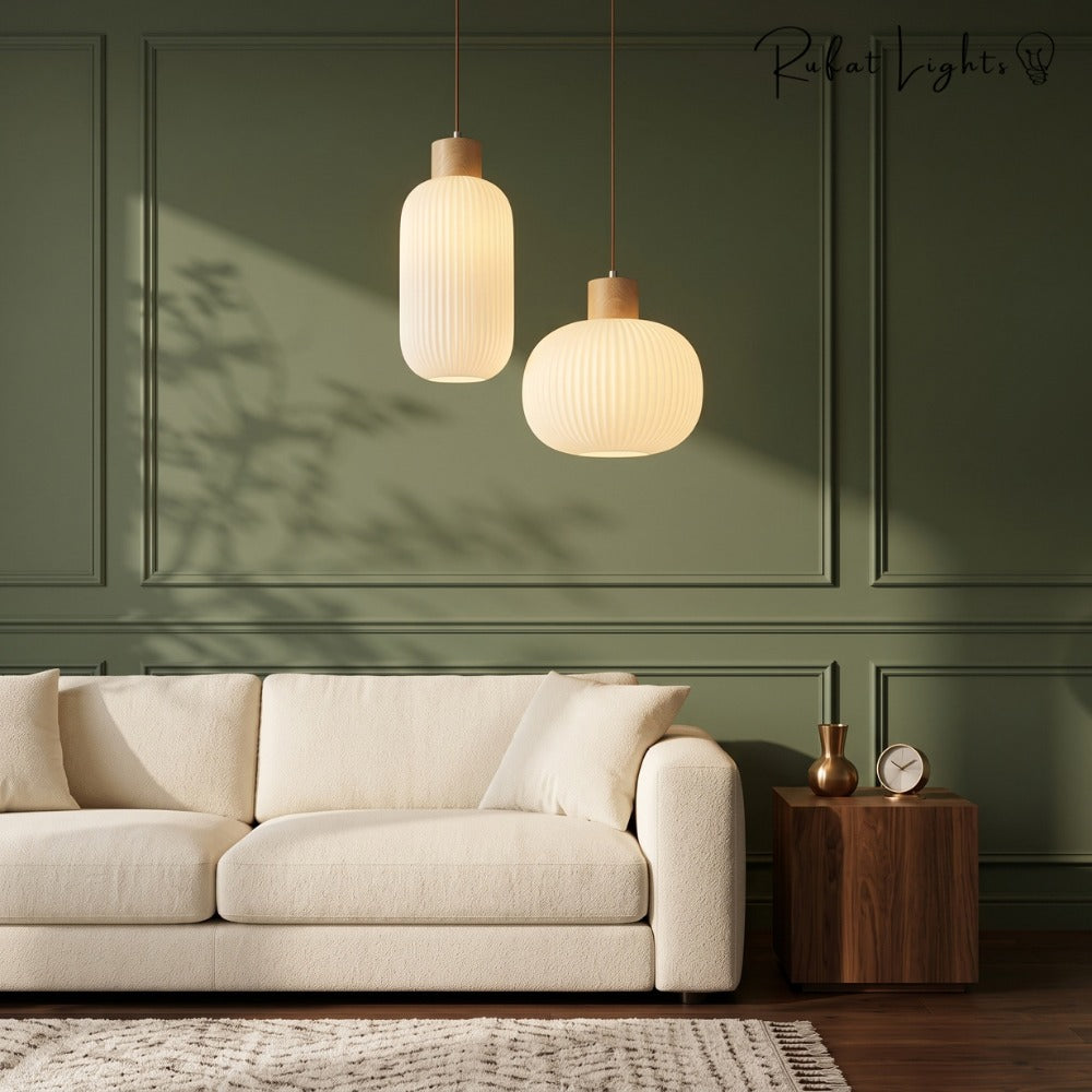 White Loft Glass Lampshade Pendant Lamp pair over a sofa