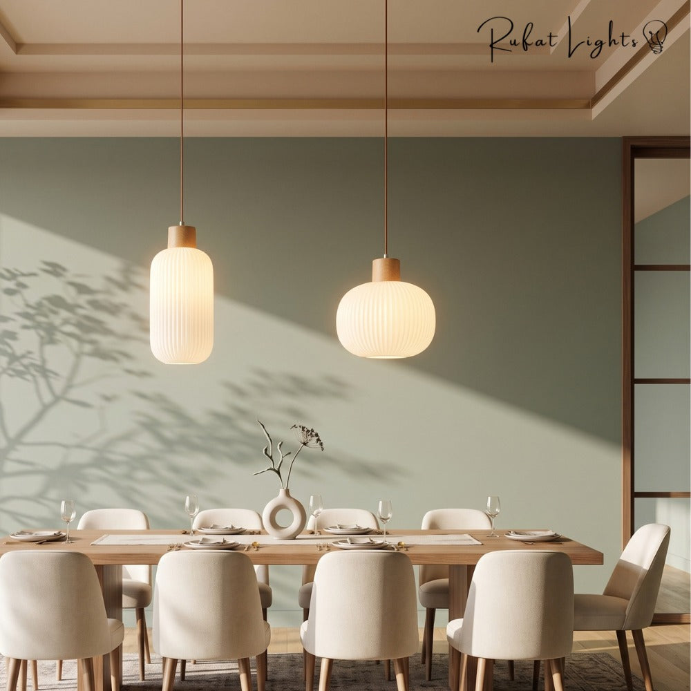 White Loft Glass Lampshade Pendant Lamp pair over a dining table